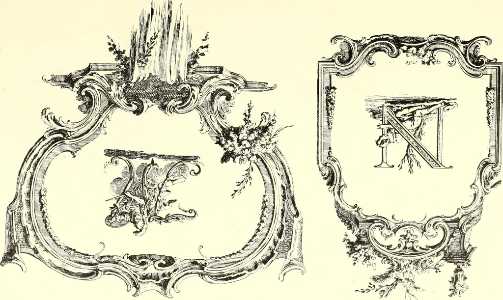 An illustration from An historical guide to French interiors, furniture, decoration, woodwork, & allied arts during the last half of the seventeenth century, the whole of the eighteenth century, and the earlier part of the nineteenth, 1900, leaf 222