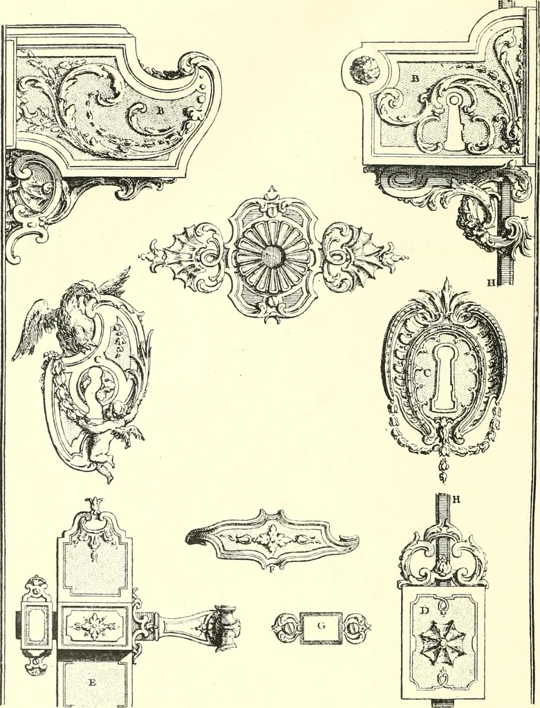 An illustration from An historical guide to French interiors, furniture, decoration, woodwork, & allied arts during the last half of the seventeenth century, the whole of the eighteenth century, and the earlier part of the nineteenth, 1900, leaf 232