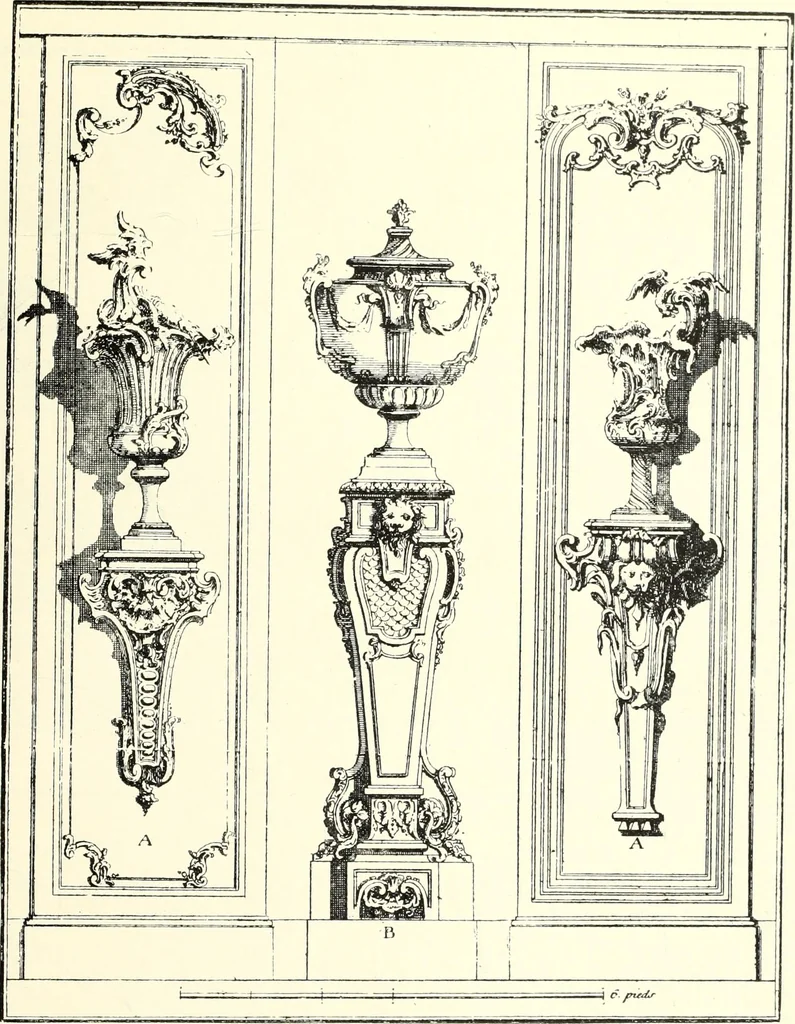 An illustration from An historical guide to French interiors, furniture, decoration, woodwork, & allied arts during the last half of the seventeenth century, the whole of the eighteenth century, and the earlier part of the nineteenth, 1900, leaf 241