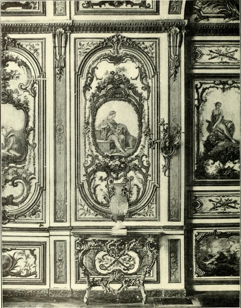 An illustration from An historical guide to French interiors, furniture, decoration, woodwork, & allied arts during the last half of the seventeenth century, the whole of the eighteenth century, and the earlier part of the nineteenth, 1900, leaf 244