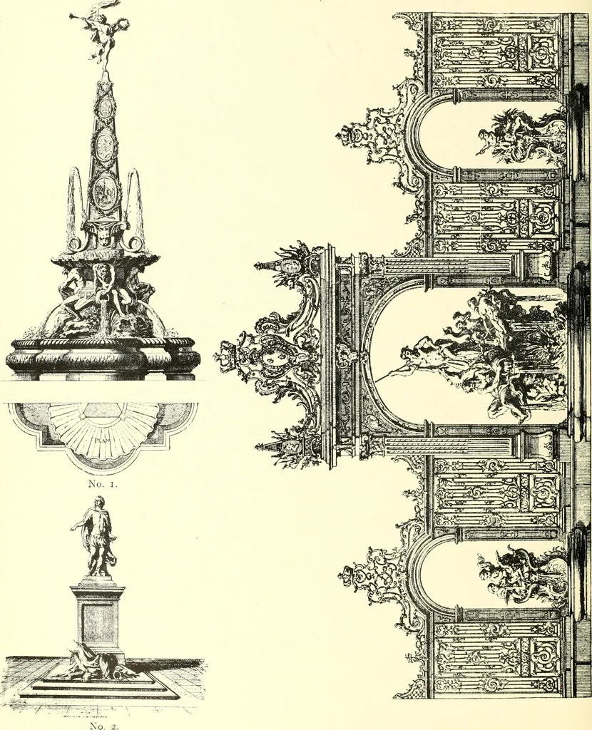 An illustration from An historical guide to French interiors, furniture, decoration, woodwork, & allied arts during the last half of the seventeenth century, the whole of the eighteenth century, and the earlier part of the nineteenth, 1900, leaf 258