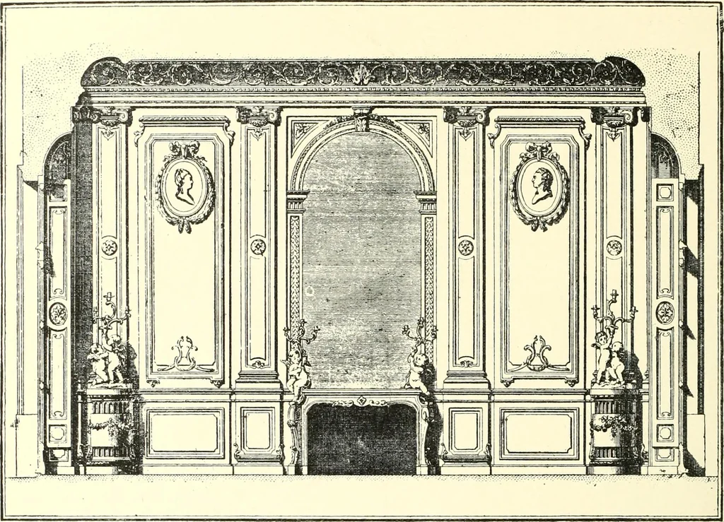 An illustration from An historical guide to French interiors, furniture, decoration, woodwork, & allied arts during the last half of the seventeenth century, the whole of the eighteenth century, and the earlier part of the nineteenth, 1900, leaf 264