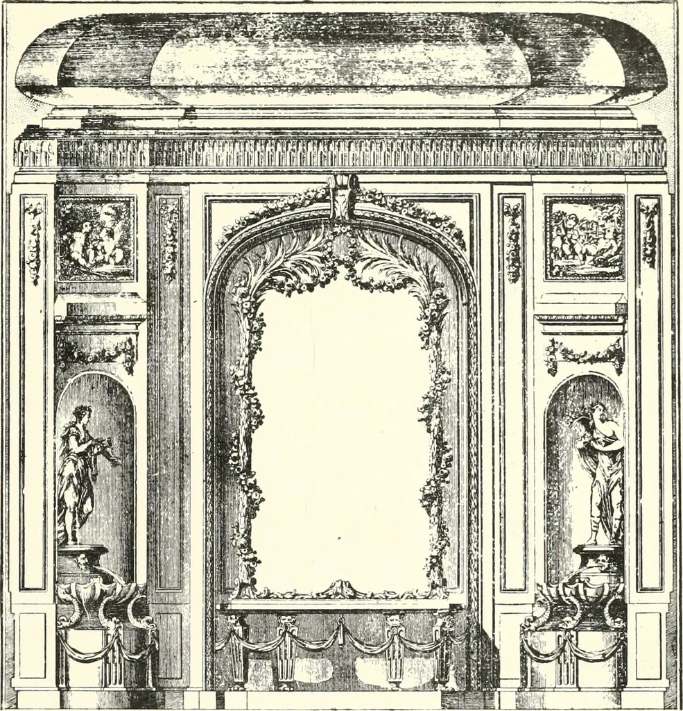 An illustration from An historical guide to French interiors, furniture, decoration, woodwork, & allied arts during the last half of the seventeenth century, the whole of the eighteenth century, and the earlier part of the nineteenth, 1900, leaf 267