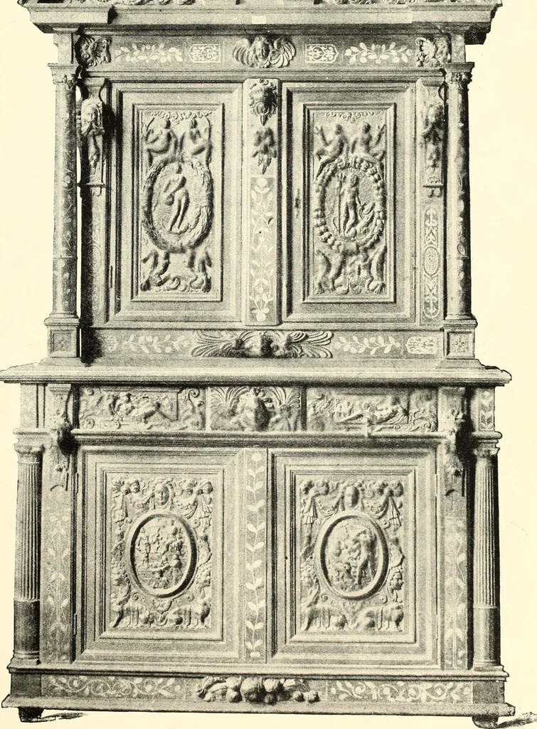 An illustration from An historical guide to French interiors, furniture, decoration, woodwork, & allied arts during the last half of the seventeenth century, the whole of the eighteenth century, and the earlier part of the nineteenth, 1900, leaf 27