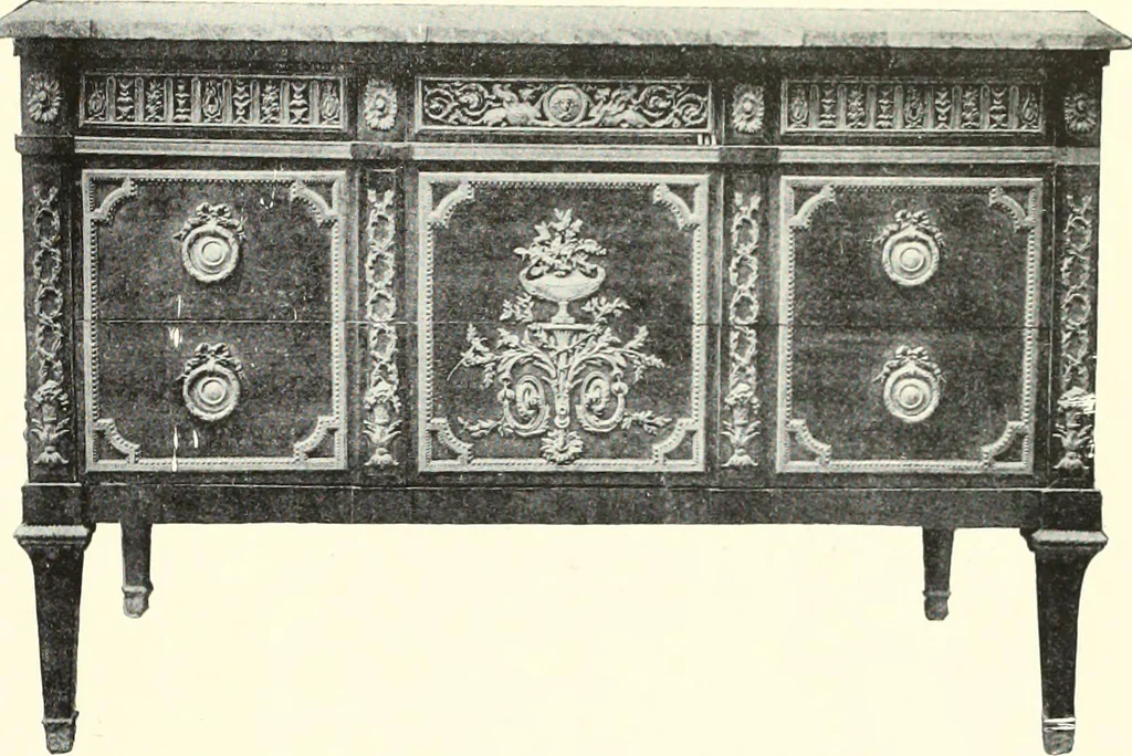 An illustration from An historical guide to French interiors, furniture, decoration, woodwork, & allied arts during the last half of the seventeenth century, the whole of the eighteenth century, and the earlier part of the nineteenth, 1900, leaf 271
