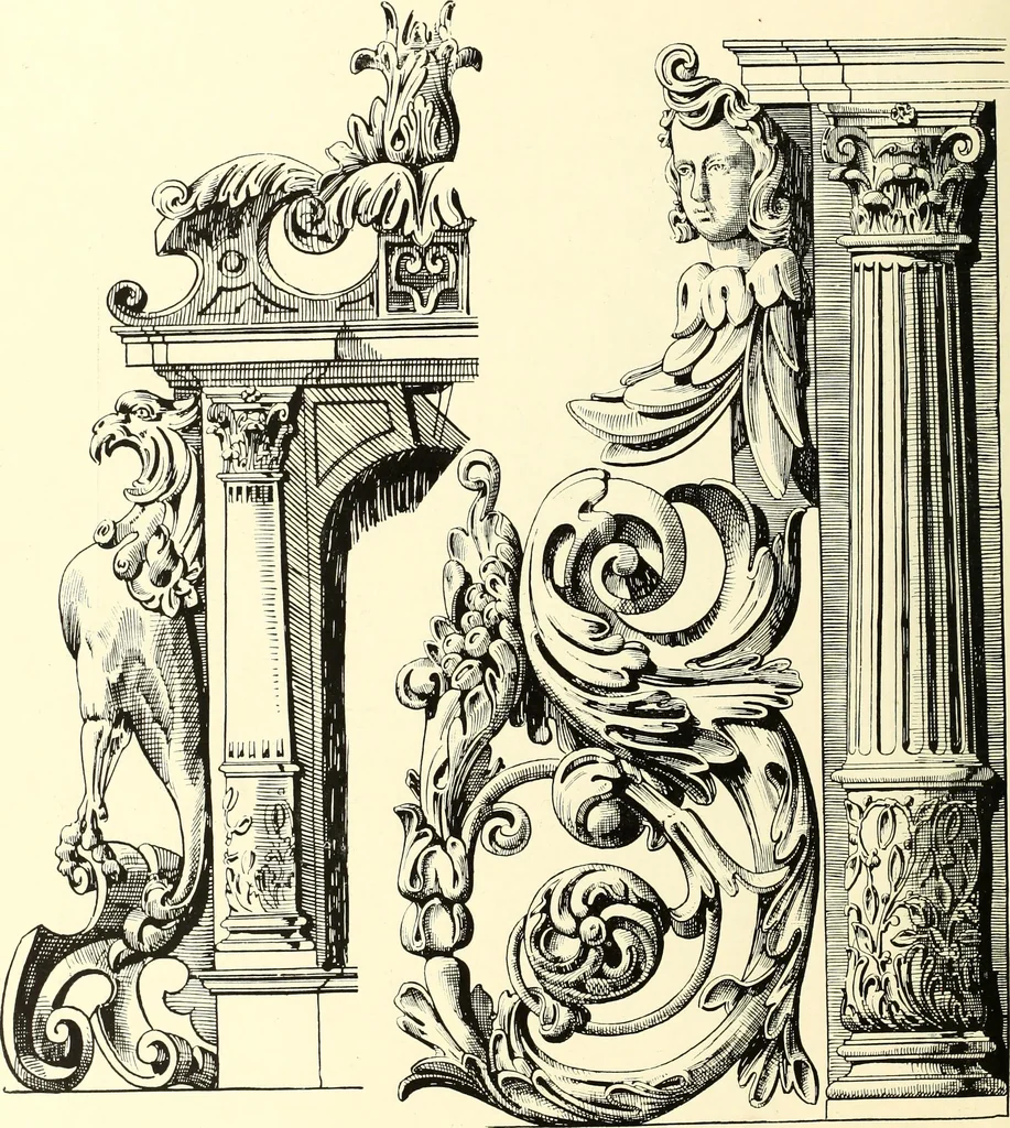 An illustration from An historical guide to French interiors, furniture, decoration, woodwork, & allied arts during the last half of the seventeenth century, the whole of the eighteenth century, and the earlier part of the nineteenth, 1900, leaf 28