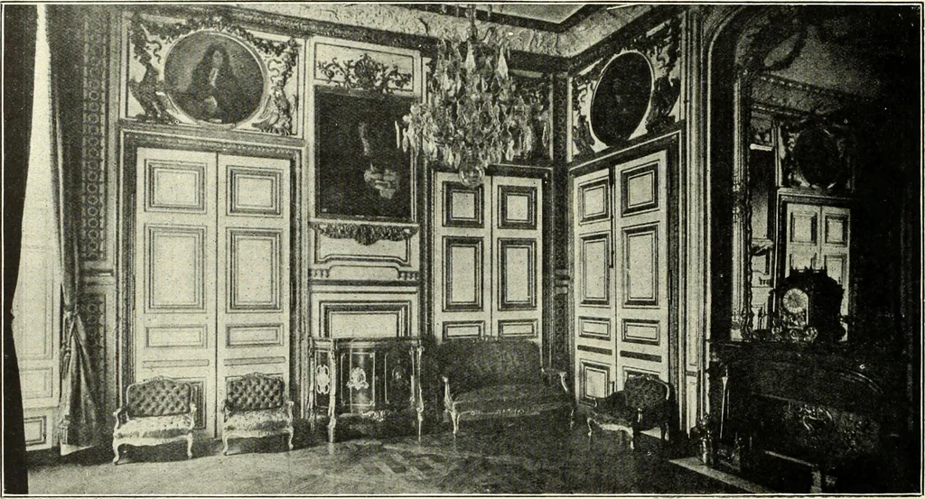 An illustration from An historical guide to French interiors, furniture, decoration, woodwork, & allied arts during the last half of the seventeenth century, the whole of the eighteenth century, and the earlier part of the nineteenth, 1900, leaf 44