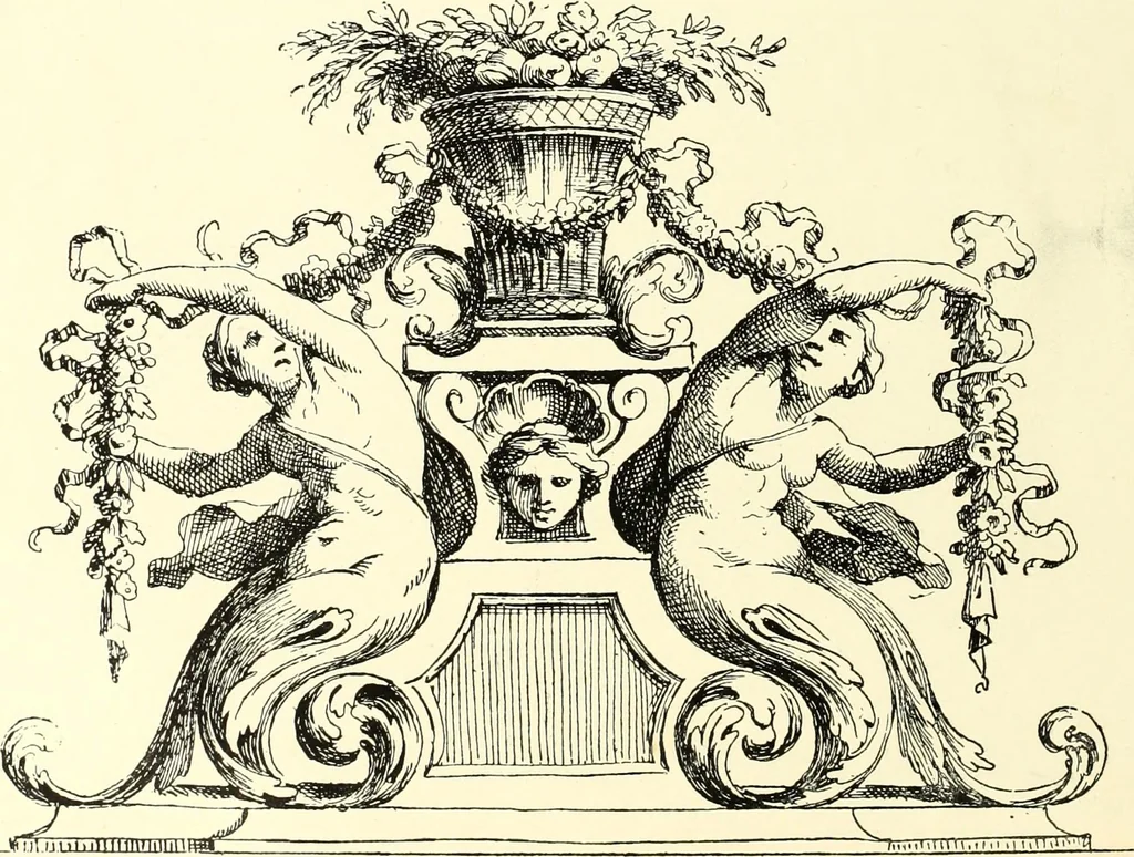 An illustration from An historical guide to French interiors, furniture, decoration, woodwork, & allied arts during the last half of the seventeenth century, the whole of the eighteenth century, and the earlier part of the nineteenth, 1900, leaf 50