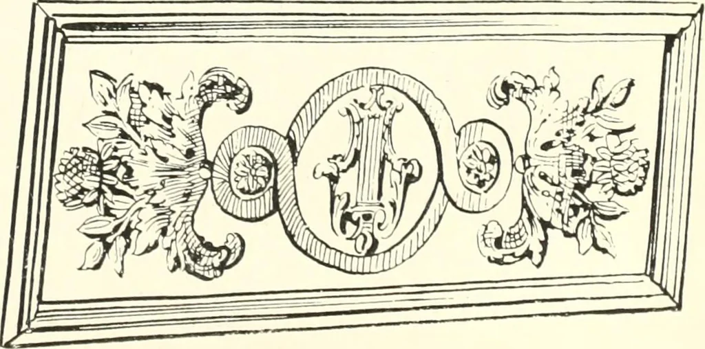 An illustration from An historical guide to French interiors, furniture, decoration, woodwork, & allied arts during the last half of the seventeenth century, the whole of the eighteenth century, and the earlier part of the nineteenth, 1900, leaf 59