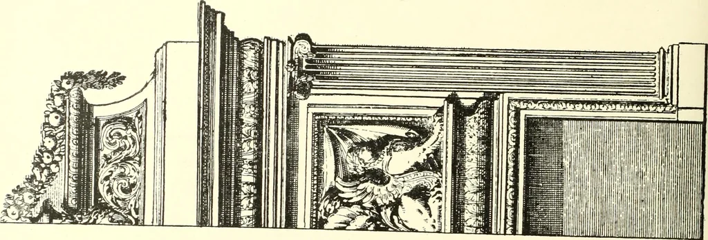 An illustration from An historical guide to French interiors, furniture, decoration, woodwork, & allied arts during the last half of the seventeenth century, the whole of the eighteenth century, and the earlier part of the nineteenth, 1900, leaf 64