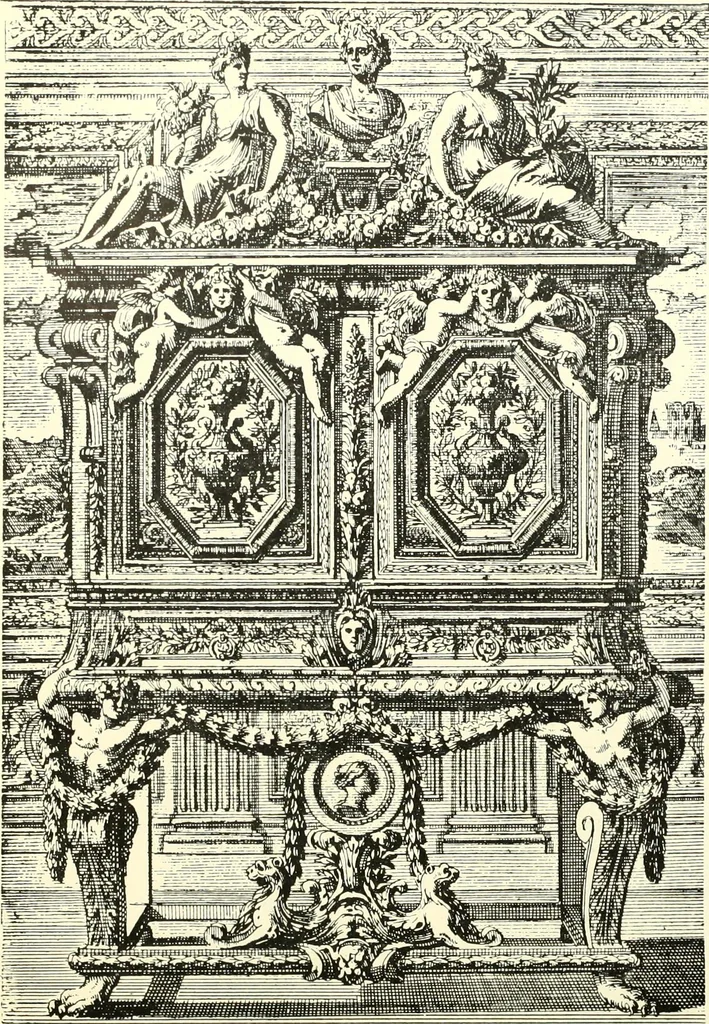 An illustration from An historical guide to French interiors, furniture, decoration, woodwork, & allied arts during the last half of the seventeenth century, the whole of the eighteenth century, and the earlier part of the nineteenth, 1900, leaf 66