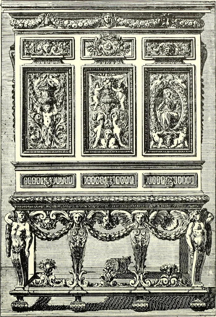 An illustration from An historical guide to French interiors, furniture, decoration, woodwork, & allied arts during the last half of the seventeenth century, the whole of the eighteenth century, and the earlier part of the nineteenth, 1900, leaf 72
