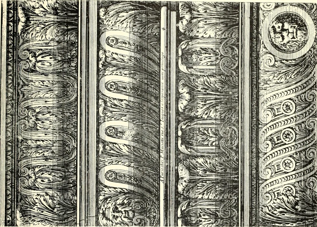 An illustration from An historical guide to French interiors, furniture, decoration, woodwork, & allied arts during the last half of the seventeenth century, the whole of the eighteenth century, and the earlier part of the nineteenth, 1900, leaf 77