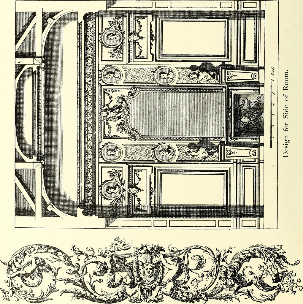An illustration from An historical guide to French interiors, furniture, decoration, woodwork, & allied arts during the last half of the seventeenth century, the whole of the eighteenth century, and the earlier part of the nineteenth, 1900, leaf 82