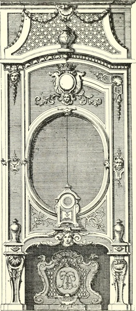 An illustration from An historical guide to French interiors, furniture, decoration, woodwork, & allied arts during the last half of the seventeenth century, the whole of the eighteenth century, and the earlier part of the nineteenth, 1900, leaf 83