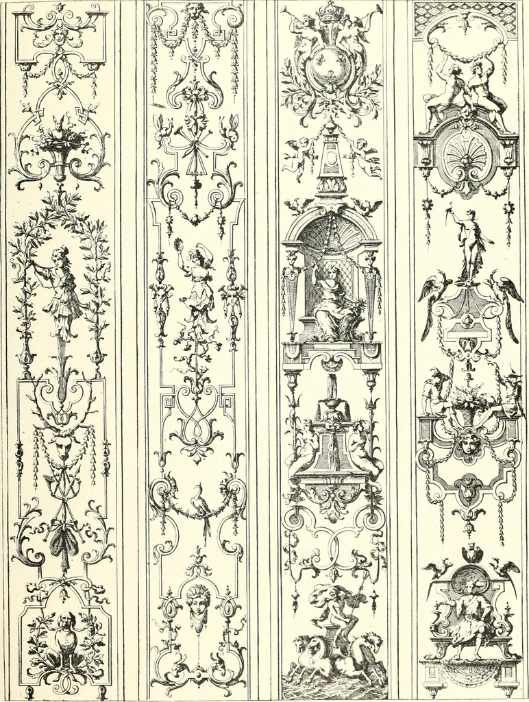 An illustration from An historical guide to French interiors, furniture, decoration, woodwork, & allied arts during the last half of the seventeenth century, the whole of the eighteenth century, and the earlier part of the nineteenth, 1900, leaf 87