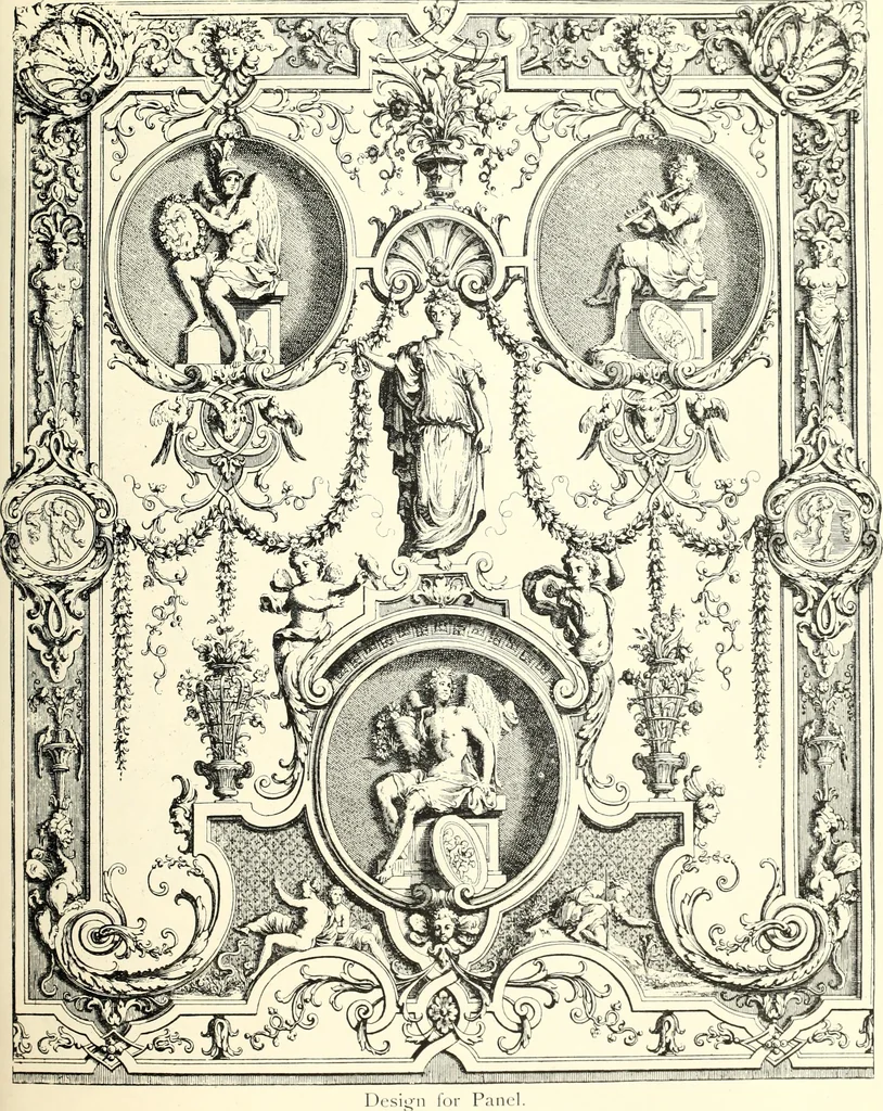 An illustration from An historical guide to French interiors, furniture, decoration, woodwork, & allied arts during the last half of the seventeenth century, the whole of the eighteenth century, and the earlier part of the nineteenth, 1900, leaf 89