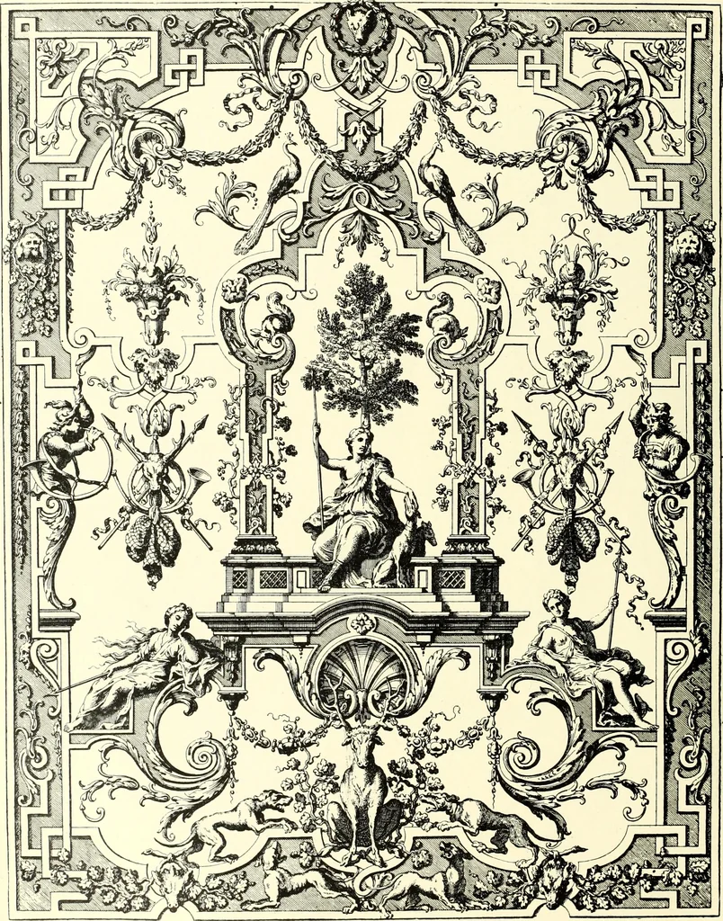An illustration from An historical guide to French interiors, furniture, decoration, woodwork, & allied arts during the last half of the seventeenth century, the whole of the eighteenth century, and the earlier part of the nineteenth, 1900, leaf 90