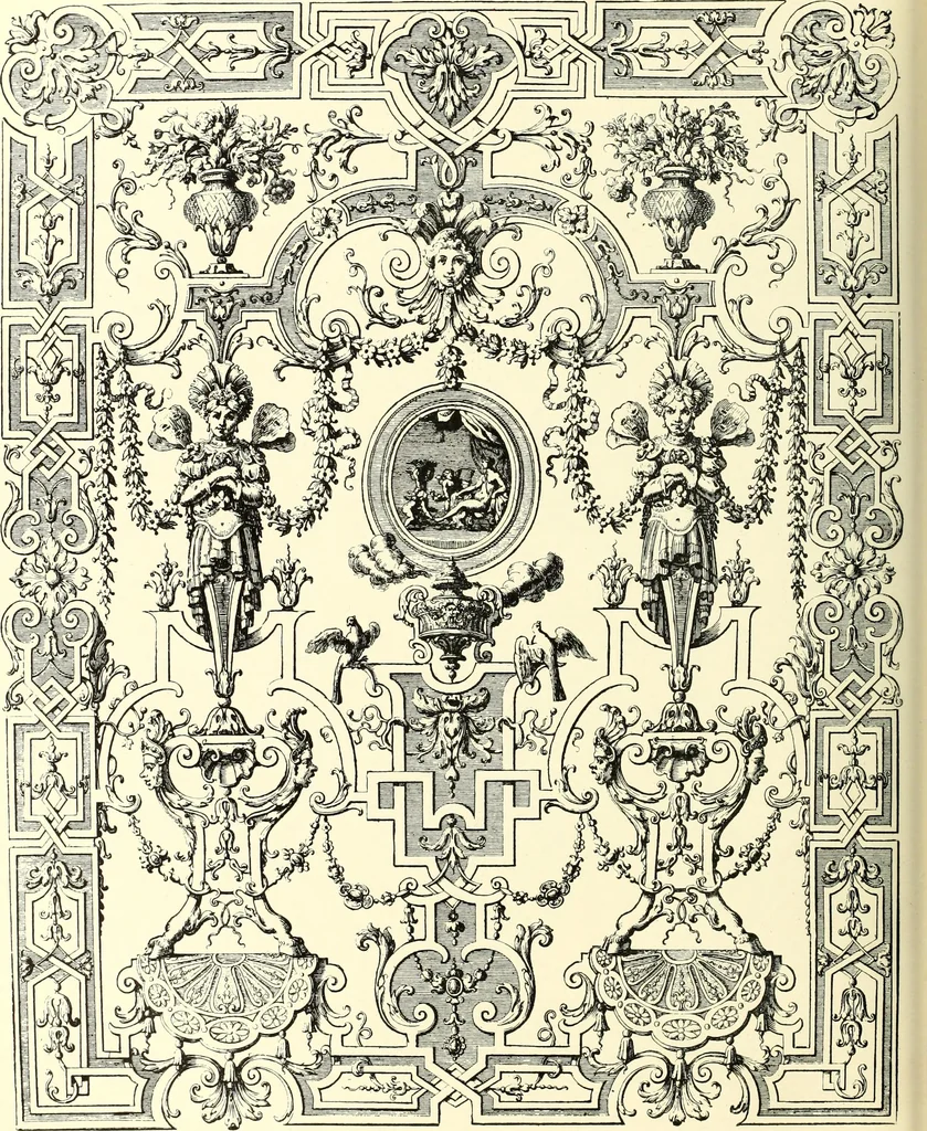 An illustration from An historical guide to French interiors, furniture, decoration, woodwork, & allied arts during the last half of the seventeenth century, the whole of the eighteenth century, and the earlier part of the nineteenth, 1900, leaf 92