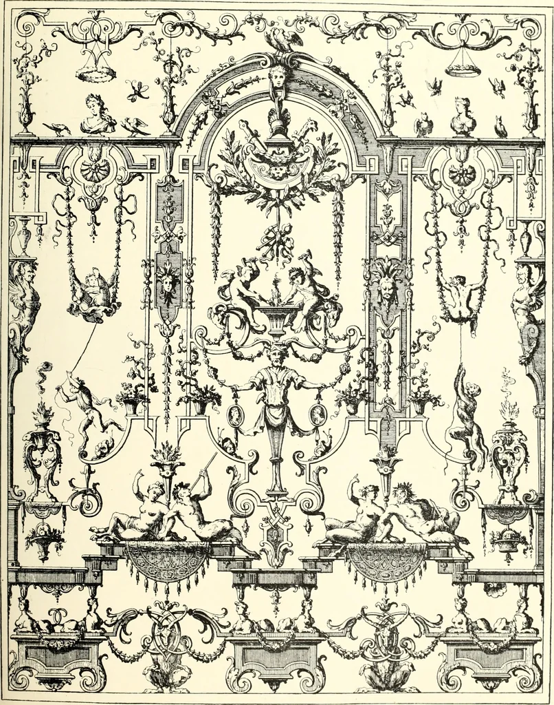 An illustration from An historical guide to French interiors, furniture, decoration, woodwork, & allied arts during the last half of the seventeenth century, the whole of the eighteenth century, and the earlier part of the nineteenth, 1900, leaf 93