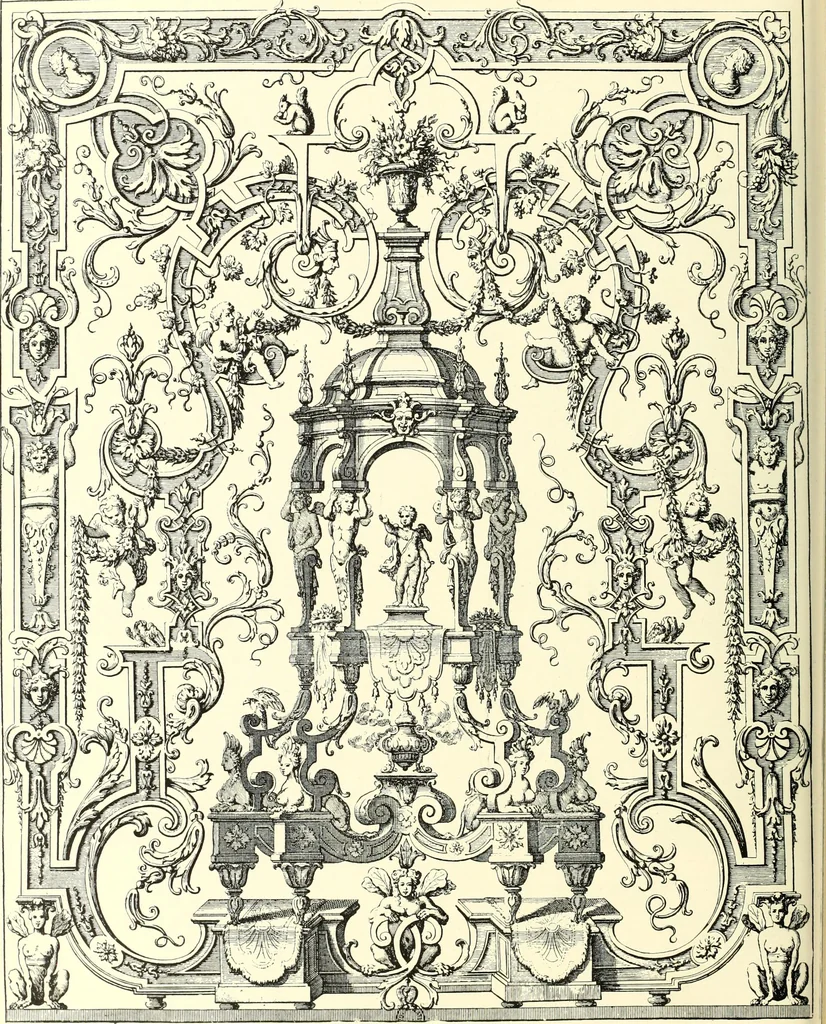 An illustration from An historical guide to French interiors, furniture, decoration, woodwork, & allied arts during the last half of the seventeenth century, the whole of the eighteenth century, and the earlier part of the nineteenth, 1900, leaf 94