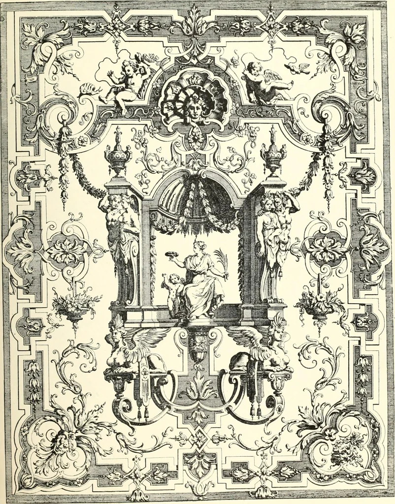 An illustration from An historical guide to French interiors, furniture, decoration, woodwork, & allied arts during the last half of the seventeenth century, the whole of the eighteenth century, and the earlier part of the nineteenth, 1900, leaf 95