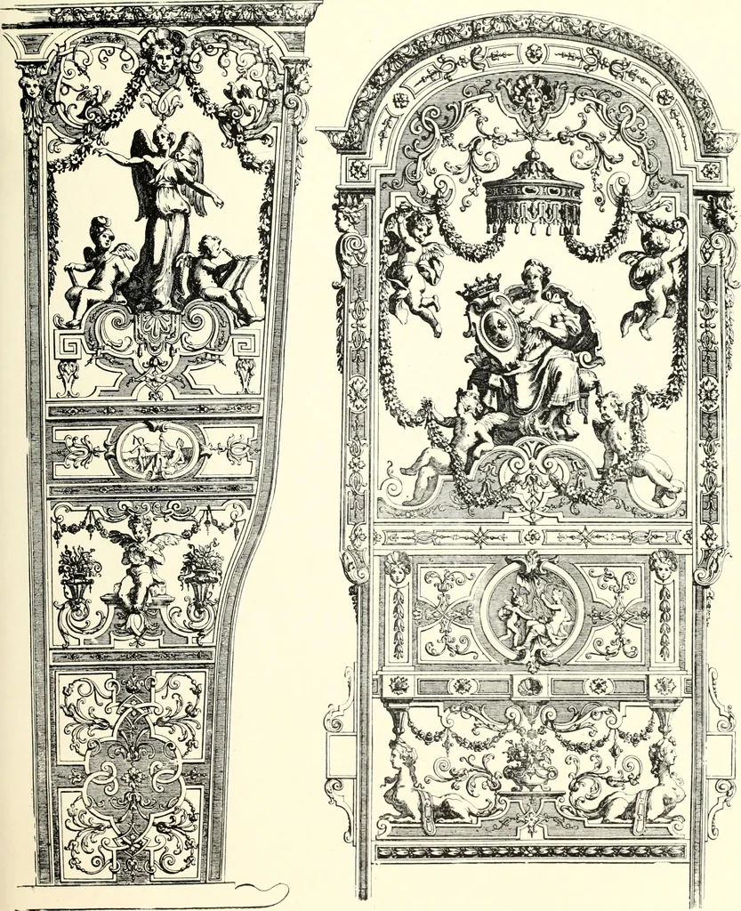 An illustration from An historical guide to French interiors, furniture, decoration, woodwork, & allied arts during the last half of the seventeenth century, the whole of the eighteenth century, and the earlier part of the nineteenth, 1900, leaf 97