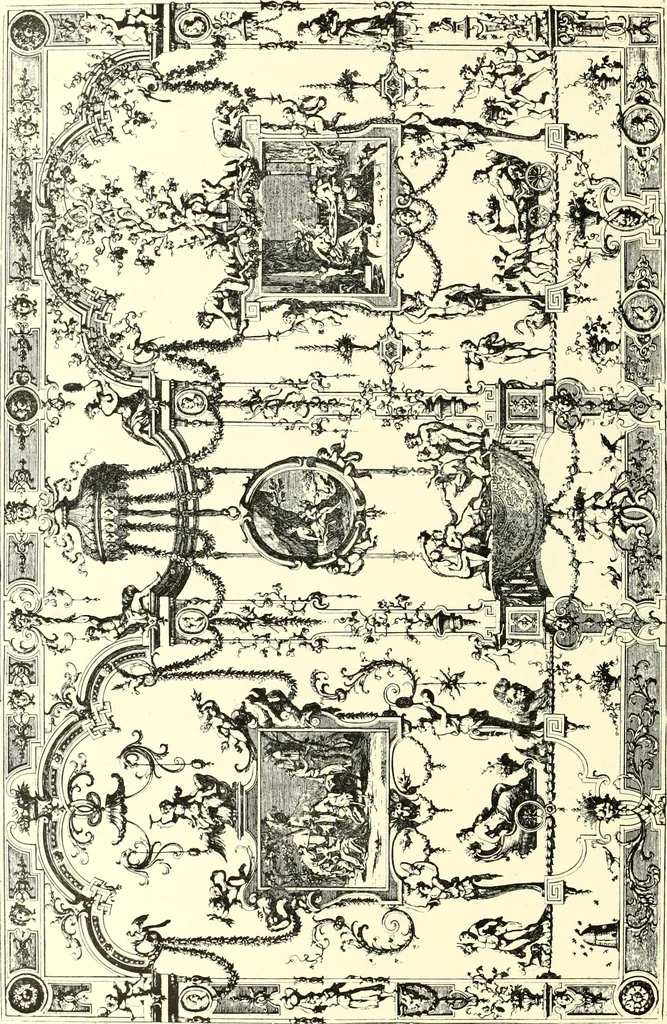 An illustration from An historical guide to French interiors, furniture, decoration, woodwork, & allied arts during the last half of the seventeenth century, the whole of the eighteenth century, and the earlier part of the nineteenth, 1900, leaf 98