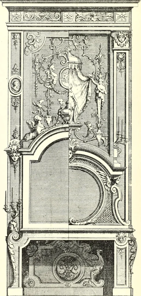 An illustration from An historical guide to French interiors, furniture, decoration, woodwork, & allied arts during the last half of the seventeenth century, the whole of the eighteenth century, and the earlier part of the nineteenth, 1900, leaf 99