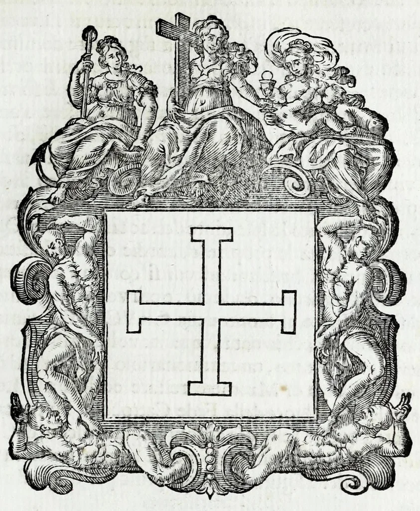 An illustration from Historie cronologiche della vera origine di tutti gl' ordini equestri, e religioni caualleresche, 1672, leaf 215