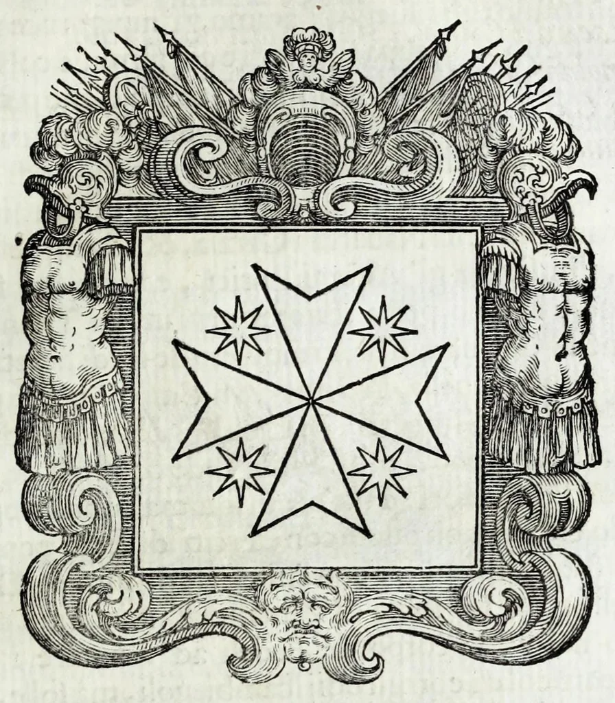 An illustration from Historie cronologiche della vera origine di tutti gl' ordini equestri, e religioni caualleresche, 1672, leaf 235