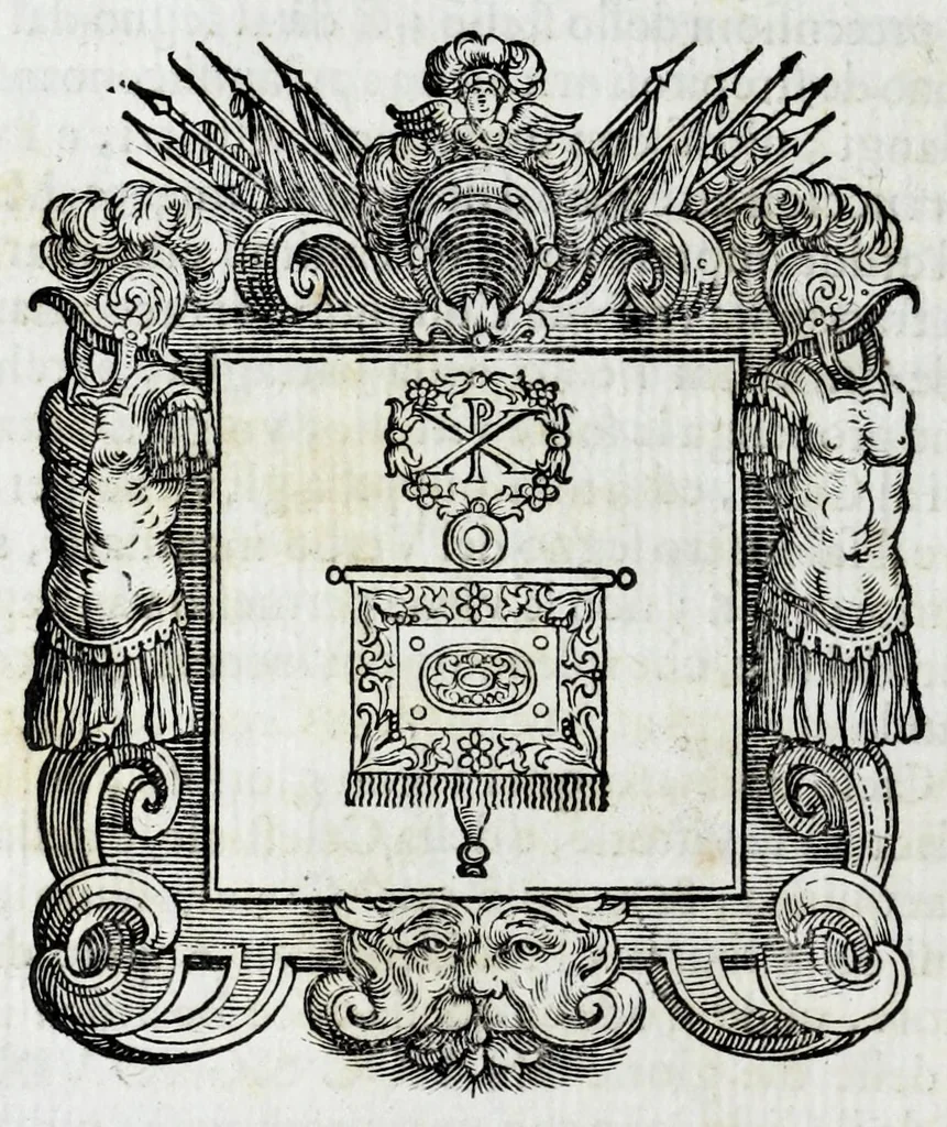 An illustration from Historie cronologiche della vera origine di tutti gl' ordini equestri, e religioni caualleresche, 1672, leaf 34