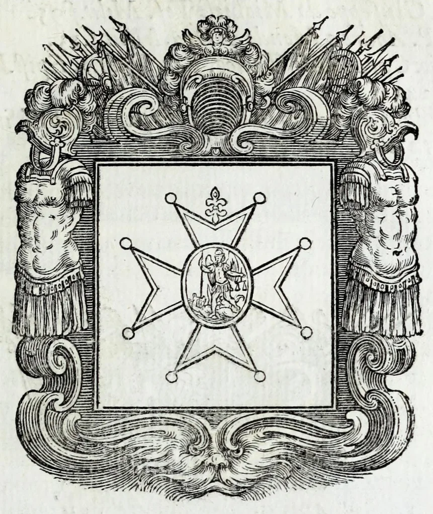 An illustration from Historie cronologiche della vera origine di tutti gl' ordini equestri, e religioni caualleresche, 1672, leaf 357