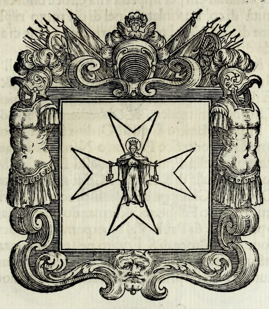 An illustration from Historie cronologiche della vera origine di tutti gl' ordini equestri, e religioni caualleresche, 1672, leaf 383