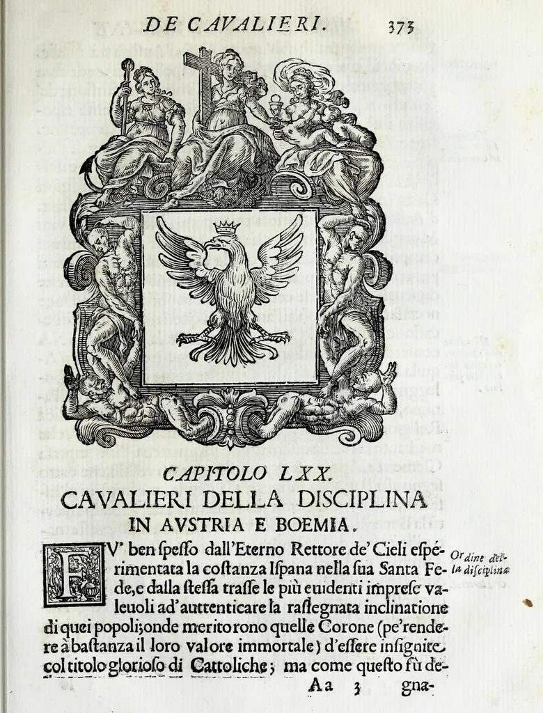 An illustration from Historie cronologiche della vera origine di tutti gl' ordini equestri, e religioni caualleresche, 1672, leaf 407
