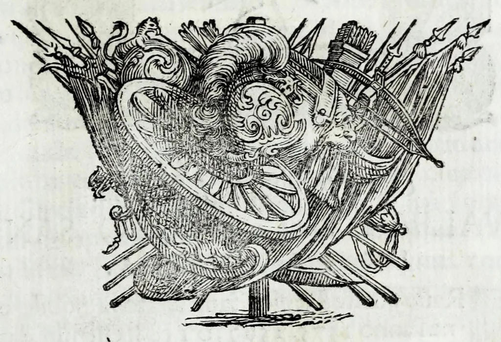 An illustration from Historie cronologiche della vera origine di tutti gl' ordini equestri, e religioni caualleresche, 1672, leaf 423