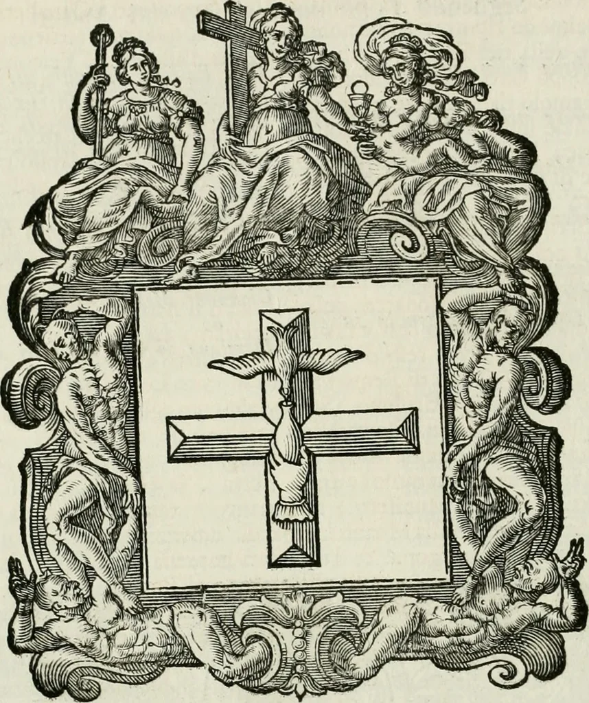 An illustration from Historie cronologiche dell' origine degl' ordini militari e di tutte le religione caualleresche infino ad hora instituite nel mondo : insegne, croci, stendardi, habiti capitolari ò di ceremonia, statuti, e constituzioni di cadaun'ordine : guerre campali e nauali, azioni, fatti celebri, & imprese de caualieri; confederazioni, trattati, paci, & auuenimenti per difesa del Nome Christiano, e propagazione della fede cattolica : serie di tutti i prencipi gran maestri, ordini di dame, e degl' infedeli &c. con le loro diuise, 1692, leaf 107