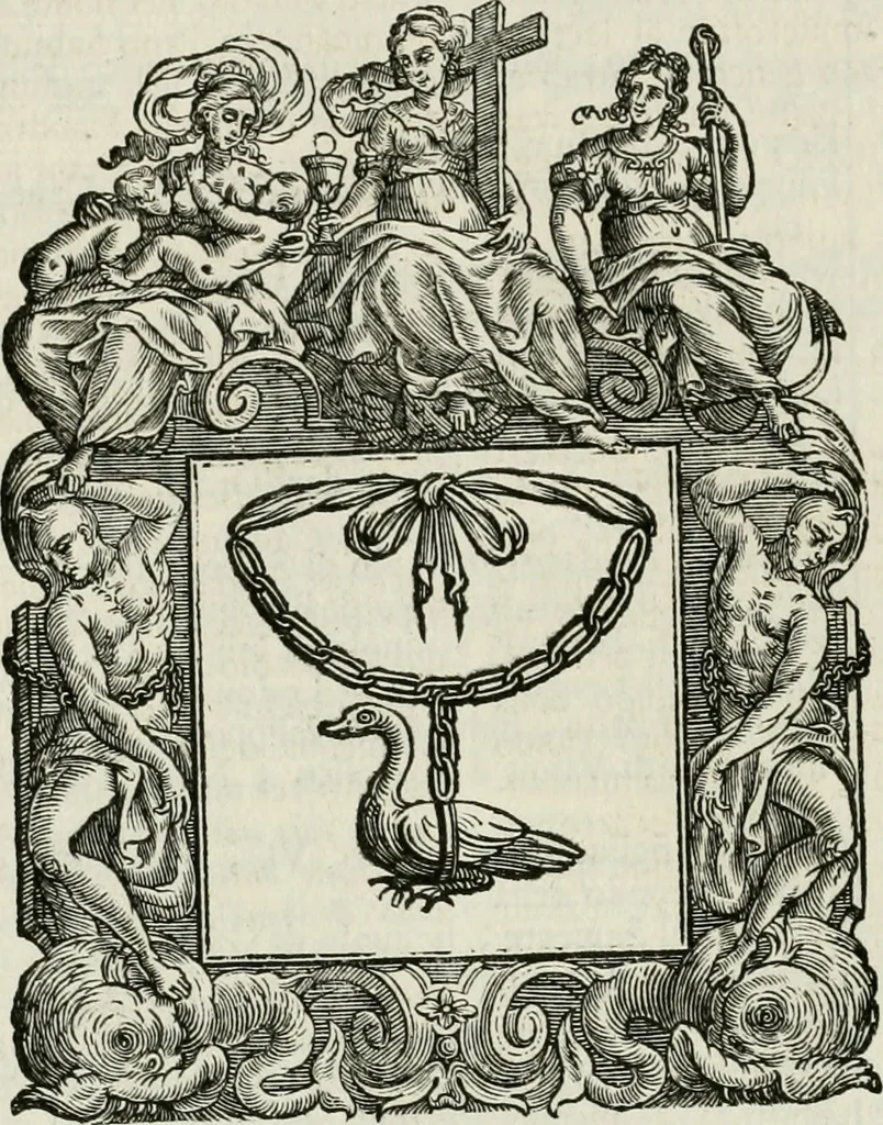 An illustration from Historie cronologiche dell' origine degl' ordini militari e di tutte le religione caualleresche infino ad hora instituite nel mondo : insegne, croci, stendardi, habiti capitolari ò di ceremonia, statuti, e constituzioni di cadaun'ordine : guerre campali e nauali, azioni, fatti celebri, & imprese de caualieri; confederazioni, trattati, paci, & auuenimenti per difesa del Nome Christiano, e propagazione della fede cattolica : serie di tutti i prencipi gran maestri, ordini di dame, e degl' infedeli &c. con le loro diuise, 1692, leaf 111