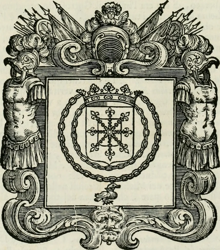 An illustration from Historie cronologiche dell' origine degl' ordini militari e di tutte le religione caualleresche infino ad hora instituite nel mondo : insegne, croci, stendardi, habiti capitolari ò di ceremonia, statuti, e constituzioni di cadaun'ordine : guerre campali e nauali, azioni, fatti celebri, & imprese de caualieri; confederazioni, trattati, paci, & auuenimenti per difesa del Nome Christiano, e propagazione della fede cattolica : serie di tutti i prencipi gran maestri, ordini di dame, e degl' infedeli &c. con le loro diuise, 1692, leaf 113