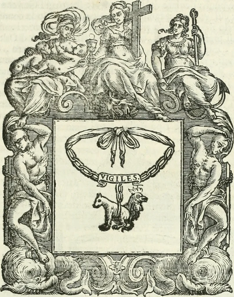 An illustration from Historie cronologiche dell' origine degl' ordini militari e di tutte le religione caualleresche infino ad hora instituite nel mondo : insegne, croci, stendardi, habiti capitolari ò di ceremonia, statuti, e constituzioni di cadaun'ordine : guerre campali e nauali, azioni, fatti celebri, & imprese de caualieri; confederazioni, trattati, paci, & auuenimenti per difesa del Nome Christiano, e propagazione della fede cattolica : serie di tutti i prencipi gran maestri, ordini di dame, e degl' infedeli &c. con le loro diuise, 1692, leaf 116