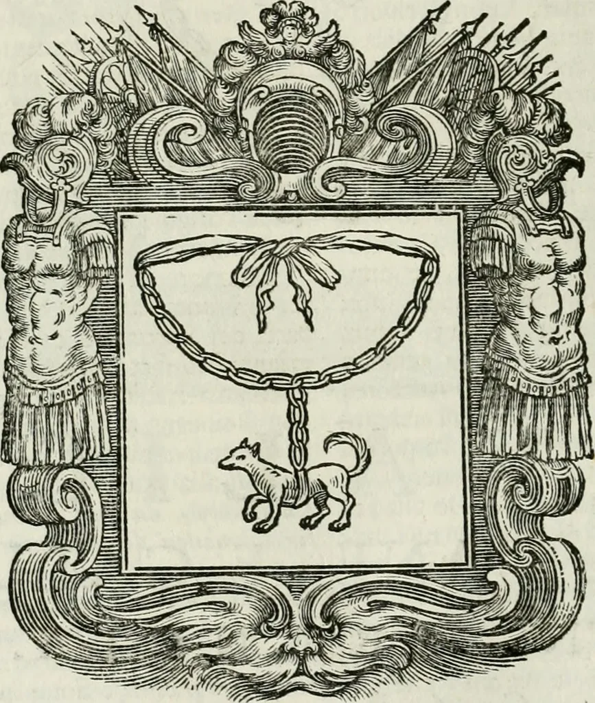 An illustration from Historie cronologiche dell' origine degl' ordini militari e di tutte le religione caualleresche infino ad hora instituite nel mondo : insegne, croci, stendardi, habiti capitolari ò di ceremonia, statuti, e constituzioni di cadaun'ordine : guerre campali e nauali, azioni, fatti celebri, & imprese de caualieri; confederazioni, trattati, paci, & auuenimenti per difesa del Nome Christiano, e propagazione della fede cattolica : serie di tutti i prencipi gran maestri, ordini di dame, e degl' infedeli &c. con le loro diuise, 1692, leaf 117