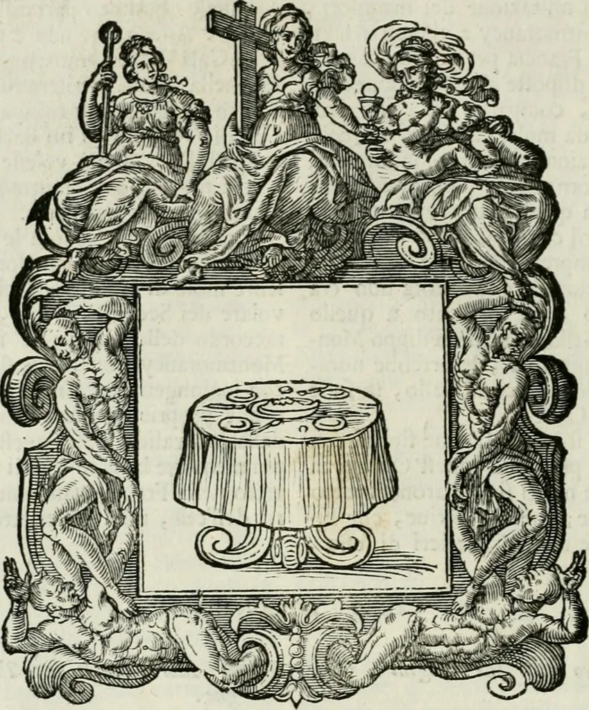 An illustration from Historie cronologiche dell' origine degl' ordini militari e di tutte le religione caualleresche infino ad hora instituite nel mondo : insegne, croci, stendardi, habiti capitolari ò di ceremonia, statuti, e constituzioni di cadaun'ordine : guerre campali e nauali, azioni, fatti celebri, & imprese de caualieri; confederazioni, trattati, paci, & auuenimenti per difesa del Nome Christiano, e propagazione della fede cattolica : serie di tutti i prencipi gran maestri, ordini di dame, e degl' infedeli &c. con le loro diuise, 1692, leaf 121