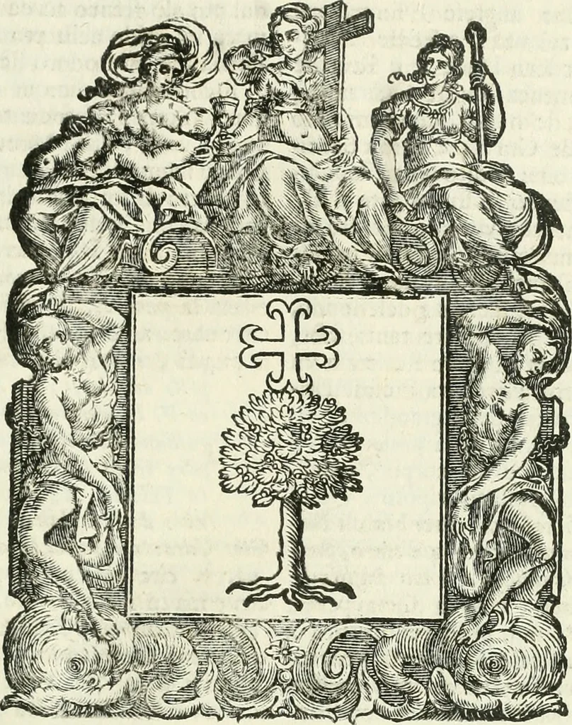 An illustration from Historie cronologiche dell' origine degl' ordini militari e di tutte le religione caualleresche infino ad hora instituite nel mondo : insegne, croci, stendardi, habiti capitolari ò di ceremonia, statuti, e constituzioni di cadaun'ordine : guerre campali e nauali, azioni, fatti celebri, & imprese de caualieri; confederazioni, trattati, paci, & auuenimenti per difesa del Nome Christiano, e propagazione della fede cattolica : serie di tutti i prencipi gran maestri, ordini di dame, e degl' infedeli &c. con le loro diuise, 1692, leaf 126