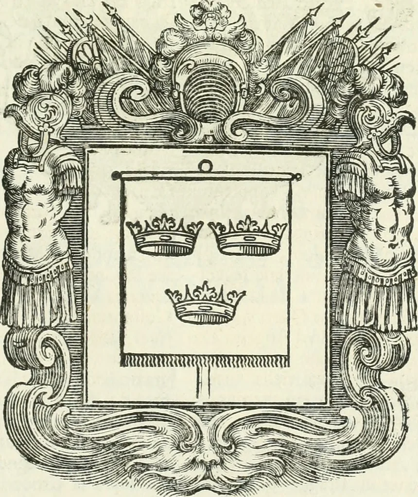 An illustration from Historie cronologiche dell' origine degl' ordini militari e di tutte le religione caualleresche infino ad hora instituite nel mondo : insegne, croci, stendardi, habiti capitolari ò di ceremonia, statuti, e constituzioni di cadaun'ordine : guerre campali e nauali, azioni, fatti celebri, & imprese de caualieri; confederazioni, trattati, paci, & auuenimenti per difesa del Nome Christiano, e propagazione della fede cattolica : serie di tutti i prencipi gran maestri, ordini di dame, e degl' infedeli &c. con le loro diuise, 1692, leaf 128