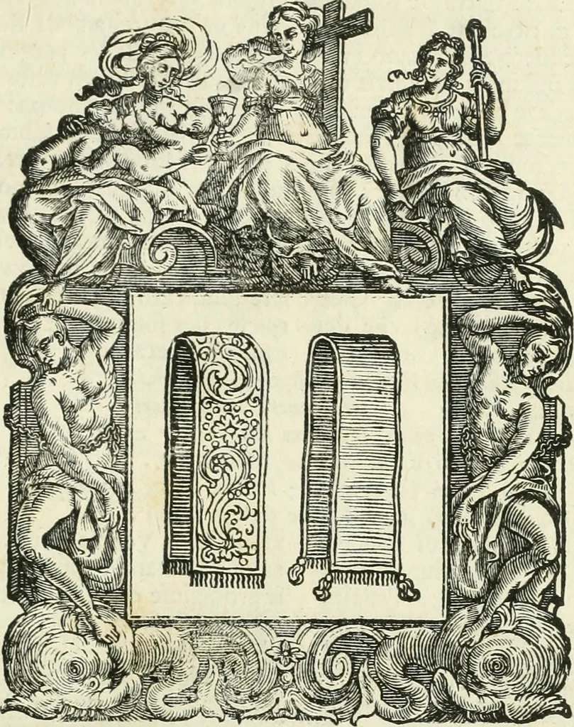 An illustration from Historie cronologiche dell' origine degl' ordini militari e di tutte le religione caualleresche infino ad hora instituite nel mondo : insegne, croci, stendardi, habiti capitolari ò di ceremonia, statuti, e constituzioni di cadaun'ordine : guerre campali e nauali, azioni, fatti celebri, & imprese de caualieri; confederazioni, trattati, paci, & auuenimenti per difesa del Nome Christiano, e propagazione della fede cattolica : serie di tutti i prencipi gran maestri, ordini di dame, e degl' infedeli &c. con le loro diuise, 1692, leaf 130