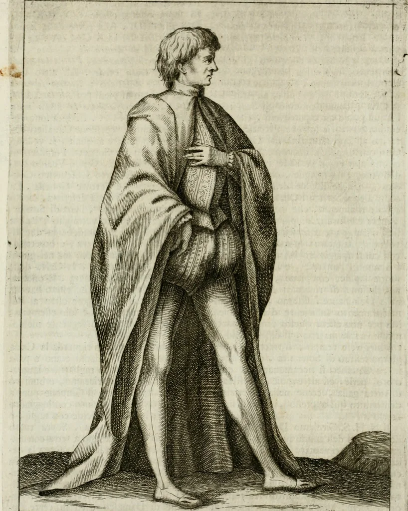 An illustration from Historie cronologiche dell' origine degl' ordini militari e di tutte le religione caualleresche infino ad hora instituite nel mondo : insegne, croci, stendardi, habiti capitolari ò di ceremonia, statuti, e constituzioni di cadaun'ordine : guerre campali e nauali, azioni, fatti celebri, & imprese de caualieri; confederazioni, trattati, paci, & auuenimenti per difesa del Nome Christiano, e propagazione della fede cattolica : serie di tutti i prencipi gran maestri, ordini di dame, e degl' infedeli &c. con le loro diuise, 1692, leaf 135