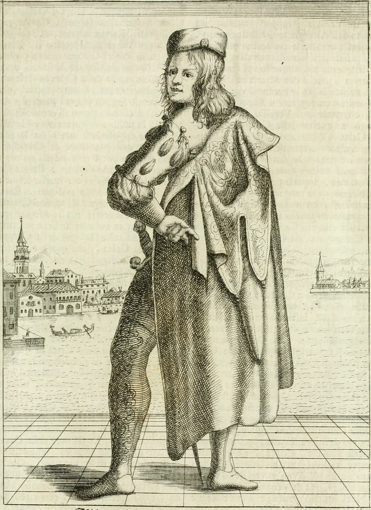 An illustration from Historie cronologiche dell' origine degl' ordini militari e di tutte le religione caualleresche infino ad hora instituite nel mondo : insegne, croci, stendardi, habiti capitolari ò di ceremonia, statuti, e constituzioni di cadaun'ordine : guerre campali e nauali, azioni, fatti celebri, & imprese de caualieri; confederazioni, trattati, paci, & auuenimenti per difesa del Nome Christiano, e propagazione della fede cattolica : serie di tutti i prencipi gran maestri, ordini di dame, e degl' infedeli &c. con le loro diuise, 1692, leaf 142