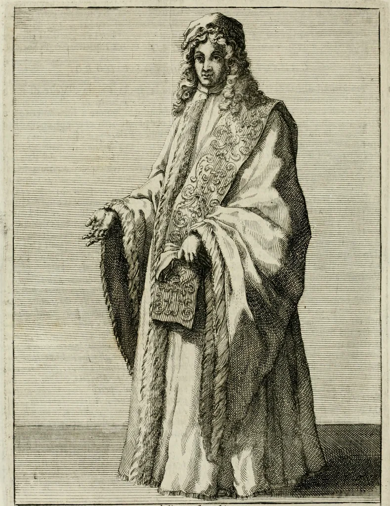 An illustration from Historie cronologiche dell' origine degl' ordini militari e di tutte le religione caualleresche infino ad hora instituite nel mondo : insegne, croci, stendardi, habiti capitolari ò di ceremonia, statuti, e constituzioni di cadaun'ordine : guerre campali e nauali, azioni, fatti celebri, & imprese de caualieri; confederazioni, trattati, paci, & auuenimenti per difesa del Nome Christiano, e propagazione della fede cattolica : serie di tutti i prencipi gran maestri, ordini di dame, e degl' infedeli &c. con le loro diuise, 1692, leaf 145
