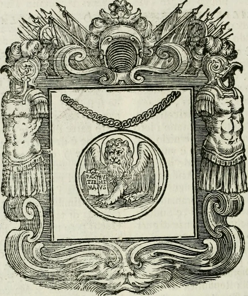 An illustration from Historie cronologiche dell' origine degl' ordini militari e di tutte le religione caualleresche infino ad hora instituite nel mondo : insegne, croci, stendardi, habiti capitolari ò di ceremonia, statuti, e constituzioni di cadaun'ordine : guerre campali e nauali, azioni, fatti celebri, & imprese de caualieri; confederazioni, trattati, paci, & auuenimenti per difesa del Nome Christiano, e propagazione della fede cattolica : serie di tutti i prencipi gran maestri, ordini di dame, e degl' infedeli &c. con le loro diuise, 1692, leaf 149