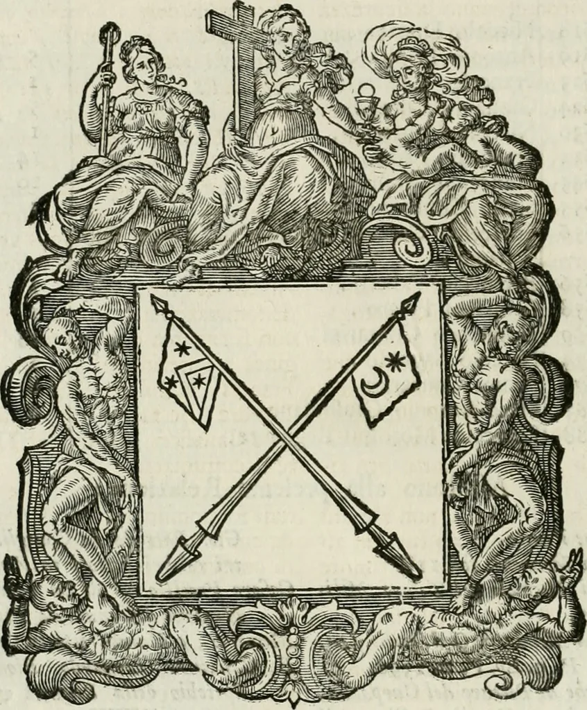 An illustration from Historie cronologiche dell' origine degl' ordini militari e di tutte le religione caualleresche infino ad hora instituite nel mondo : insegne, croci, stendardi, habiti capitolari ò di ceremonia, statuti, e constituzioni di cadaun'ordine : guerre campali e nauali, azioni, fatti celebri, & imprese de caualieri; confederazioni, trattati, paci, & auuenimenti per difesa del Nome Christiano, e propagazione della fede cattolica : serie di tutti i prencipi gran maestri, ordini di dame, e degl' infedeli &c. con le loro diuise, 1692, leaf 157